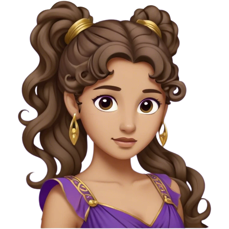 Young woman with long brown wavy hair in a high ponytail, with a signature curl on her forehead. She has a light olive skin tone and wears a flowing purple Grecian dress with gold details. Her expression is confident and playful, with a slight smirk. Inspired by classic Disney animation. emoji