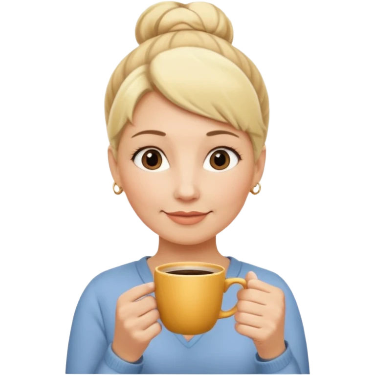 Women with blonde hair bun top of her head Middle Aged with coffe in hand emoji
