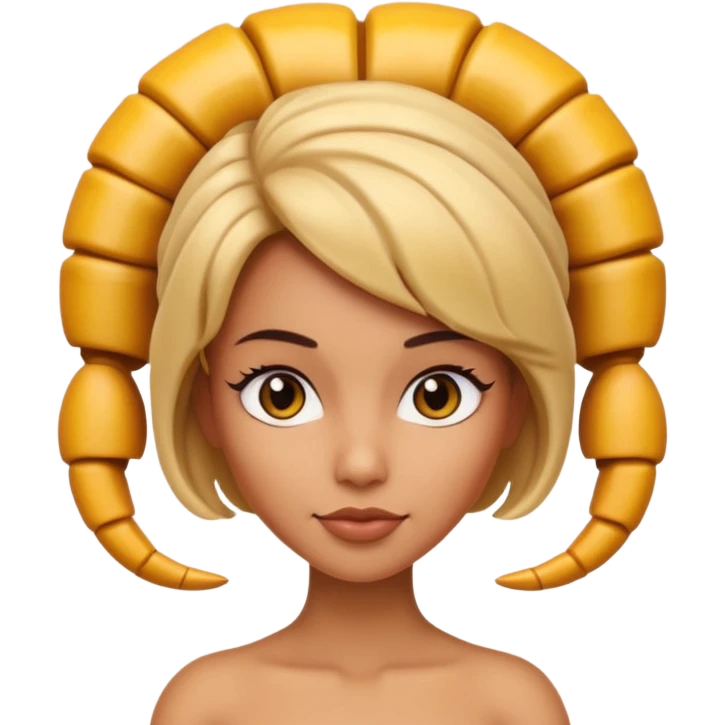 3D cartoon woman with a scorpion-shaped hairstyle, confident expression, smooth skin tone, Memoji-style. emoji