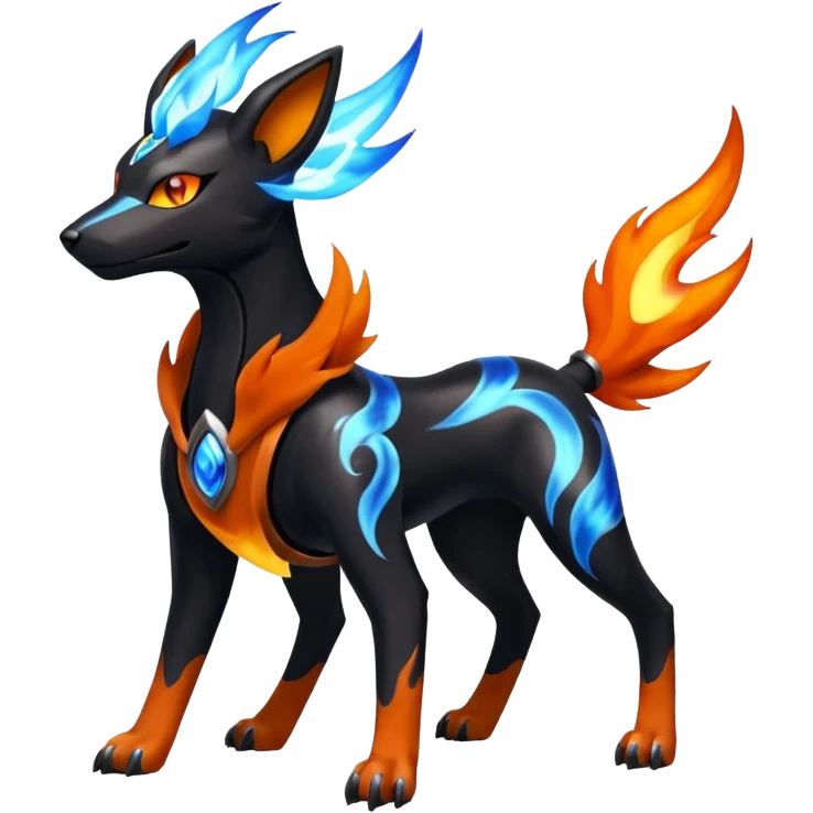 Fiery black and white blue flames solarpunky elemental colorful hot will-o-wispy Houndoom-Torracat-Genesect-Pokémon-Fakémon-hybrid-creature emoji