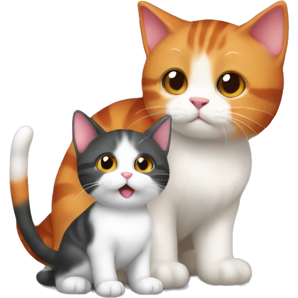 A small tricolour cat playing with a big red cat emoji