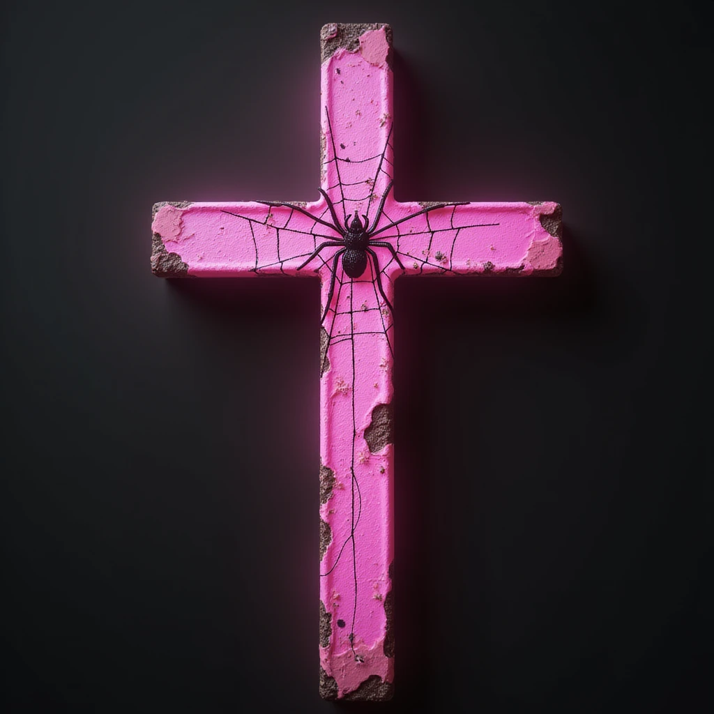 realistic gothic cross, pink with a spiderweb motif, photorealistic style emoji
