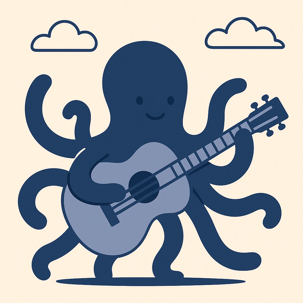 happy octopus with multiple arms playing guitar emoji