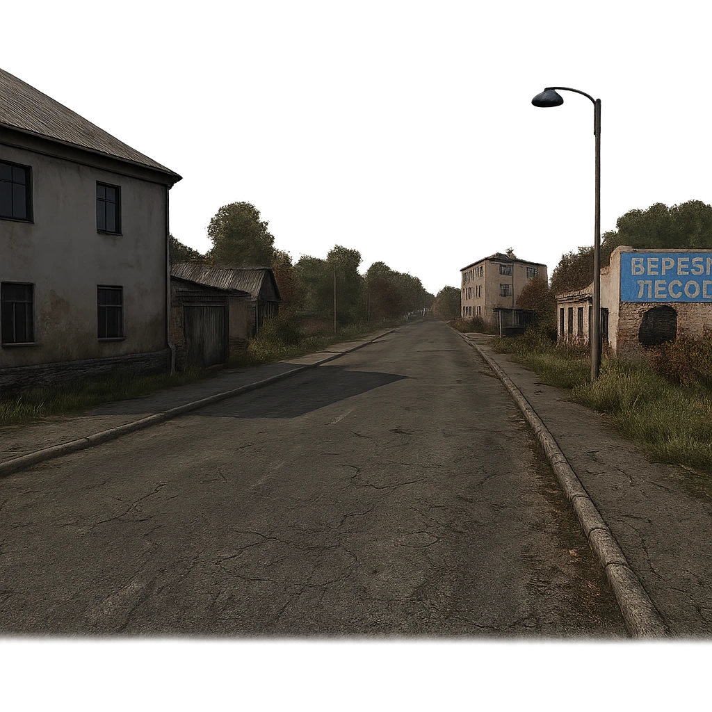 a view of the city street in a videogame: DayZ - in the town of berezio "lumber" emoji