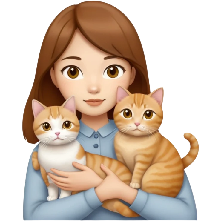 Asian girl, brown hair, brown eyes skin tone almond holding three cats one ginger, one yellow white one British short hair cream colour emoji