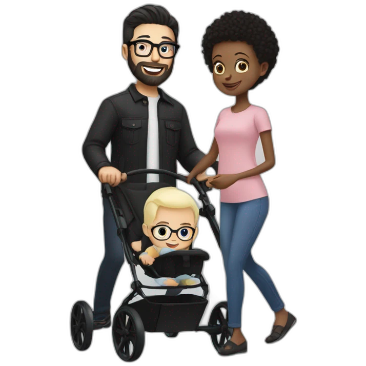 White man with Black hair,  beard and glasses pushing buggy with blonde baby emoji