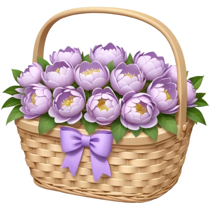 White Picnic basket with lilac bow and white peonies inside emoji