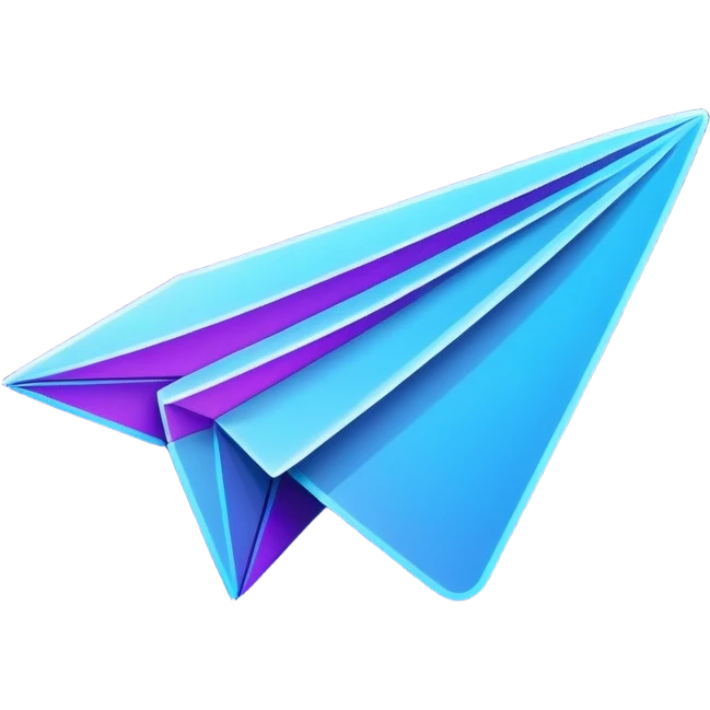 Telegram paper airplane logo in classic blue color, with neon glow lines, blue neon glow on top left, purple neon glow on bottom right emoji