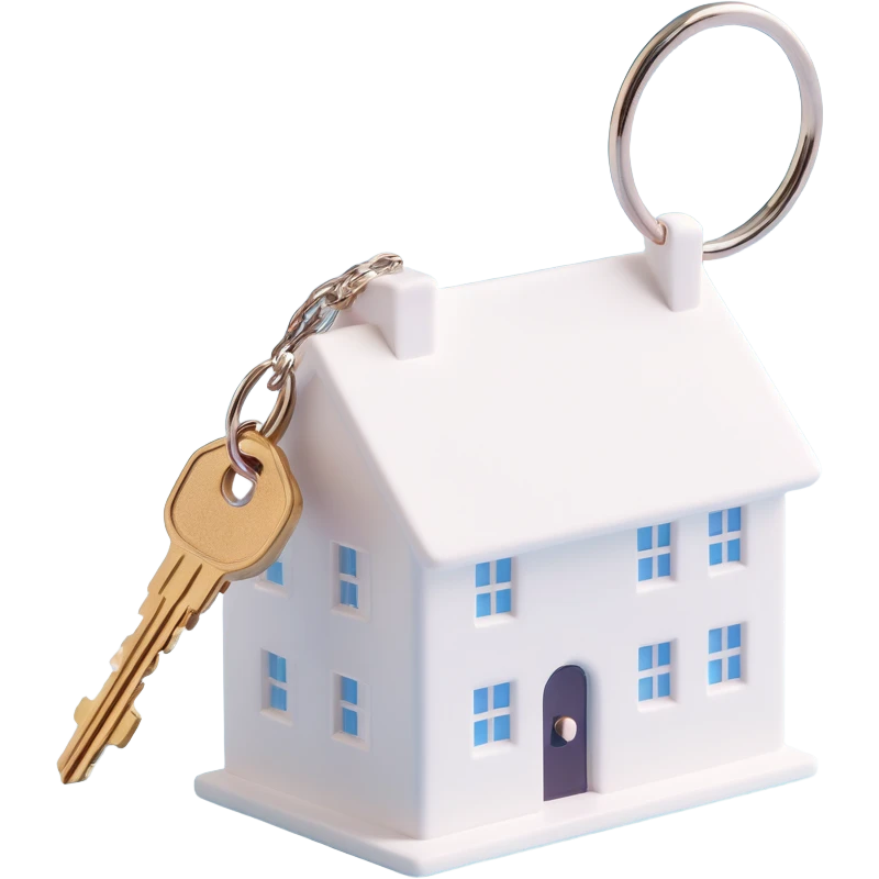 white key with a white house-shaped keychain on a chain, 3D Emoji style, side view, soft shadows and highlights, transparent background, no decoration emoji