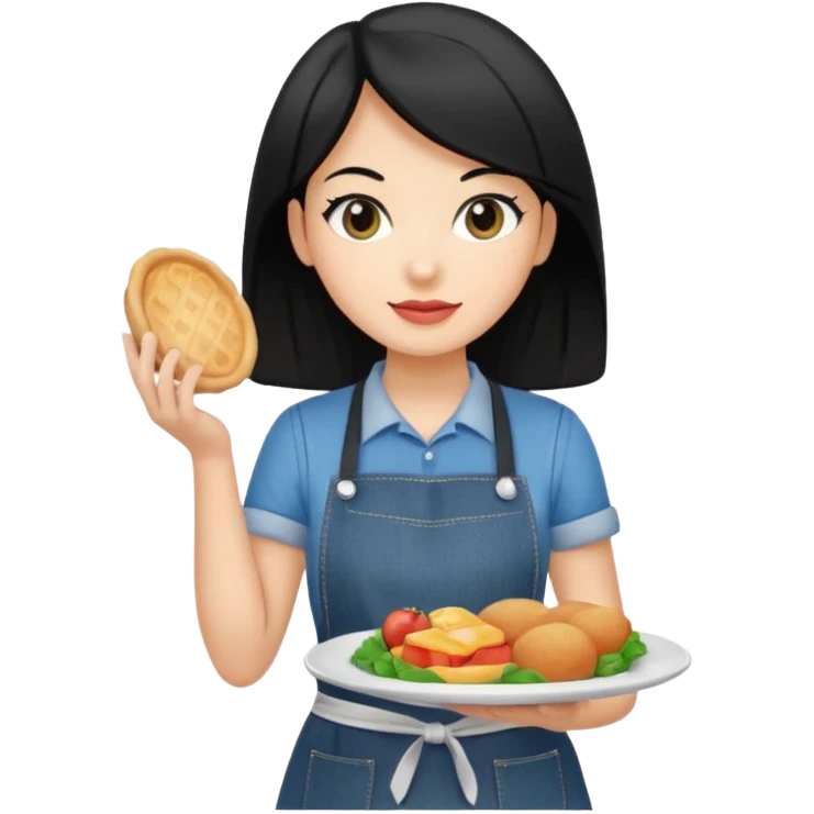 waitress with black hair and a food plate with a black tshirt and ª jeans apron emoji