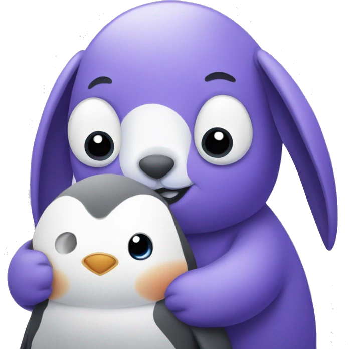 Purple bunny with floppy ears hugging a penguin emoji