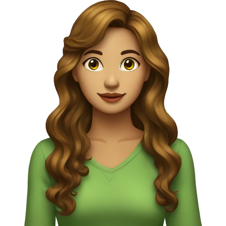 Mujer joven cabello con ondas color castaño largo pero con el cabello recogido a medias, ojos color miel tirando a verdes, piel blanca emoji