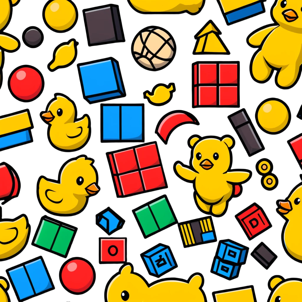 Colorful toys scattered together - teddy bear, rubber duck, toy blocks, ball, and action figures emoji
