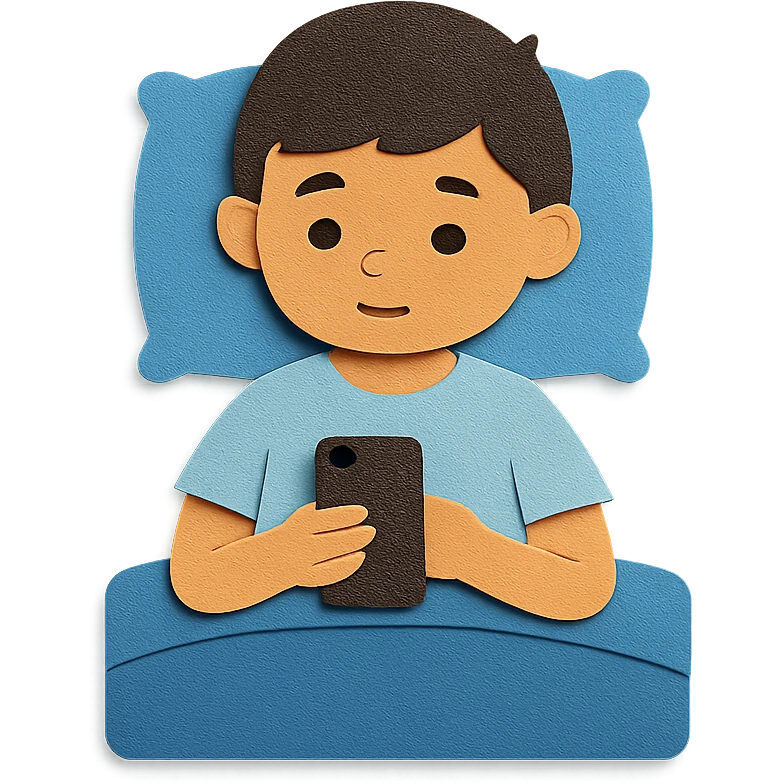 boy in a blue bed, on his phone, wearing a light blue t-shirt emoji