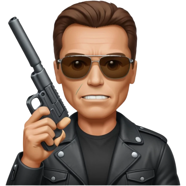 Terminator Arnold Schwarzenegger with sunglasses, holding a gun up, realistic emoji style emoji