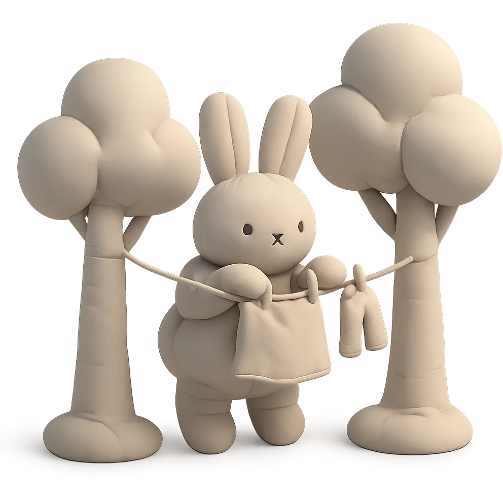 bunny hanging laundry between trees, calming domestic forest feel emoji