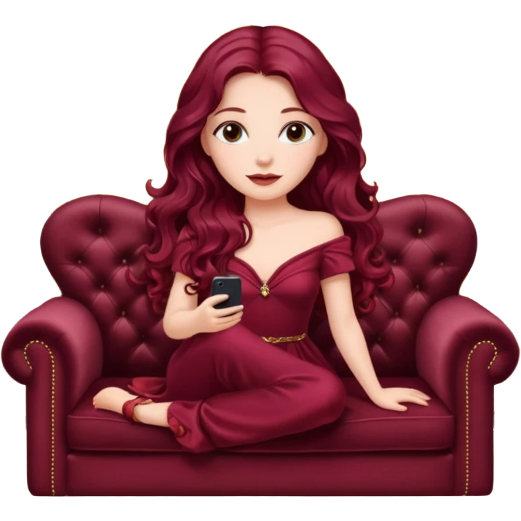 Beautiful Girl with long burgundy wavy hair sitting on Luxury style couch, watching tv emoji