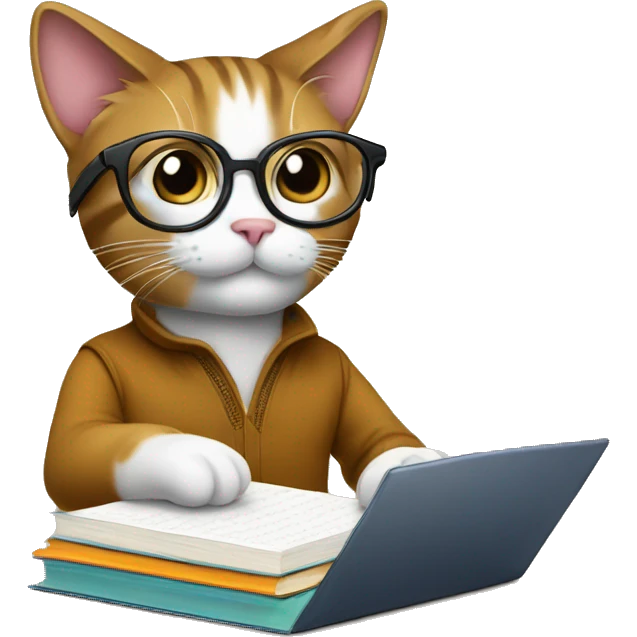 Cat studying, glasses, books, laptop emoji