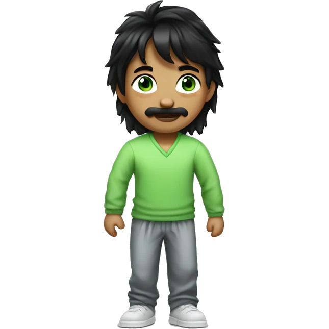 boy with black hair styled in a modern mullet, a mustache that is not curled at the ends, and green eyes, with a mischievous smile. He is wearing pajamas and farting. emoji