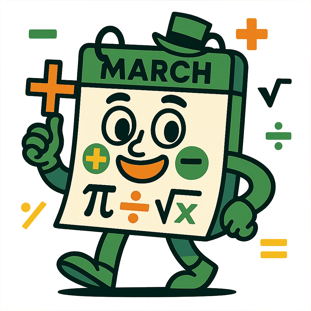 math-themed character representing the month of March, with math symbols, green accents, and a calendar element emoji