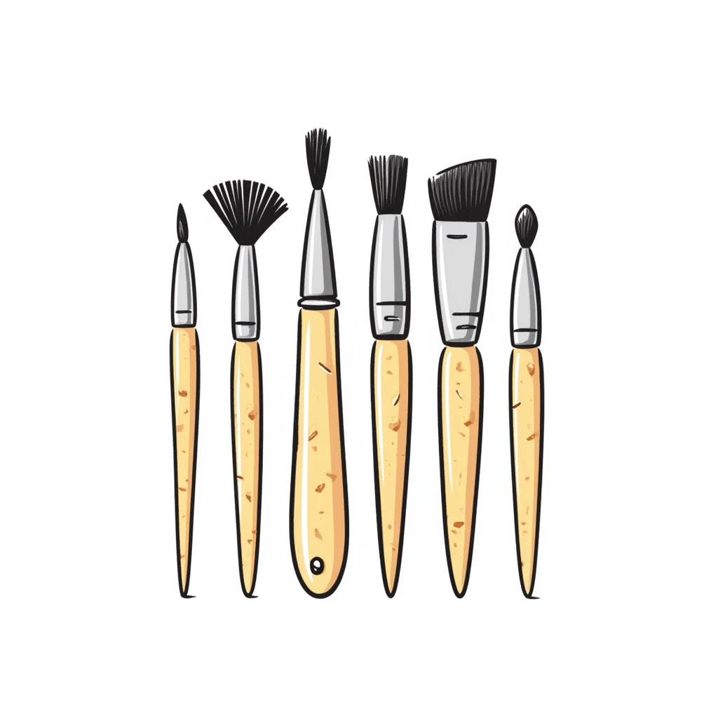 A set of artist paintbrushes in different sizes and shapes with wooden handles in pastel colors (dd9fb0, ffc6d3, a3bfc9, c4bee2, f1b091), hand-drawn doodle style emoji
