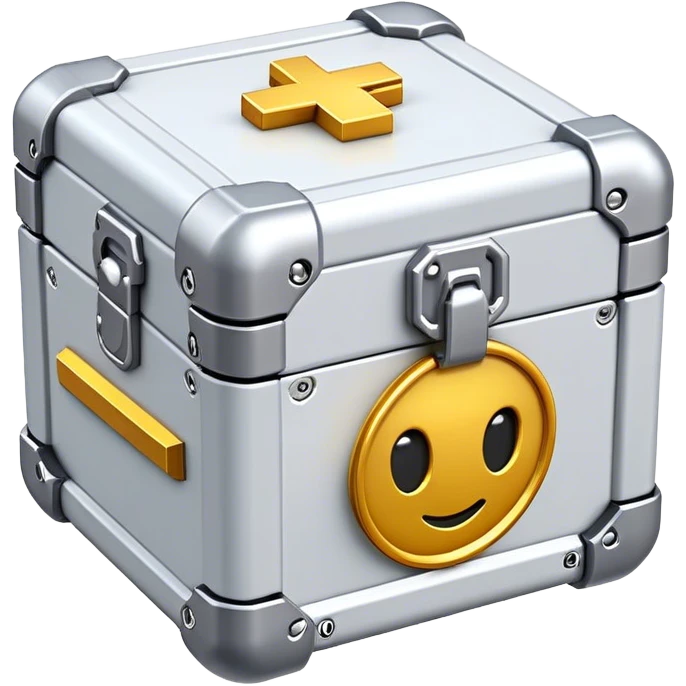 Clash of Clans aesthetic: Cinematic Playful Sci-fi Loot Crate Emoji, rendered in a 3D vector-style similar to standard emojis with minimal shading and bold, simplified shapes. A compact, futuristic storage box with sleek metallic panels and digital accents, softly glowing with a cosmic treasure charm. Simplified yet unmistakably iconic, highly detailed and consistent, glowing with a soft radiant shine and high gloss. Stylized with a touch of intergalactic mystery and a soft glowing outline, capturing the essence of a futuristic reward chest with a friendly, playful allure! emoji