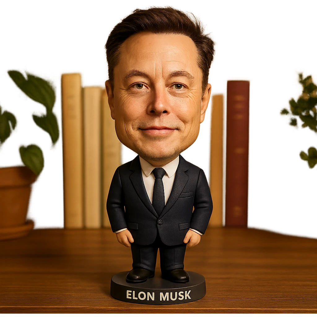 realistic features bobblehead of Elon Musk wearing a suit and tie emoji