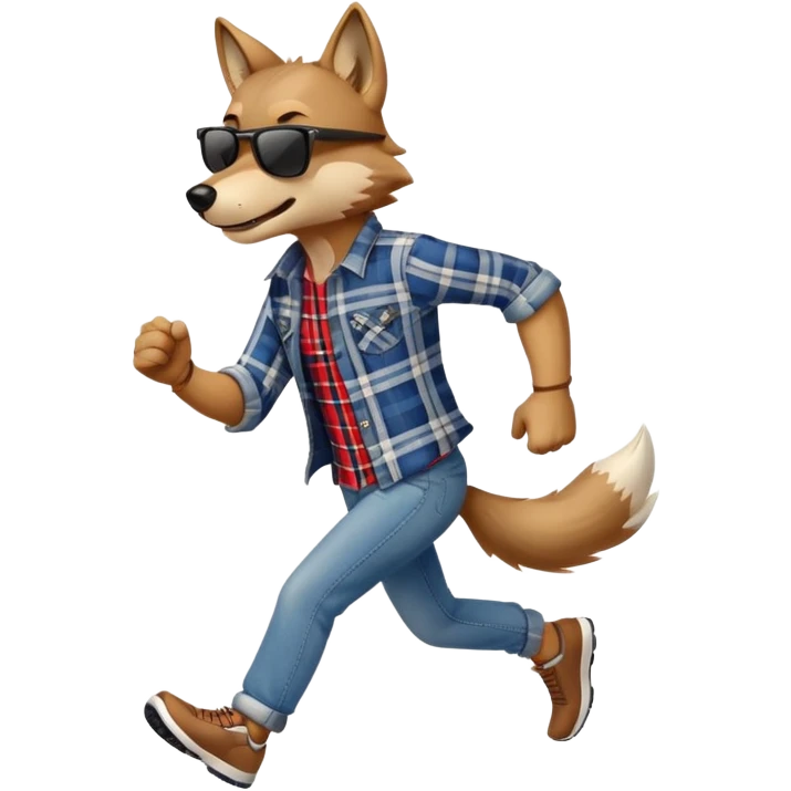 friendly anthropomorphised wolf in jeans and plaid shirt, wearing dark sunglasses, jogging upright in relaxed pose emoji