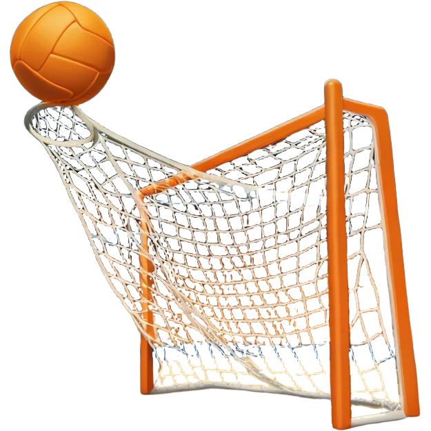 A handball thrown towards the goal, mid-air, with the goalposts and court lines in the background. The scene captures the power and precision of the throw, with the net of the goal in focus, emphasizing the dynamic action of the sport. emoji
