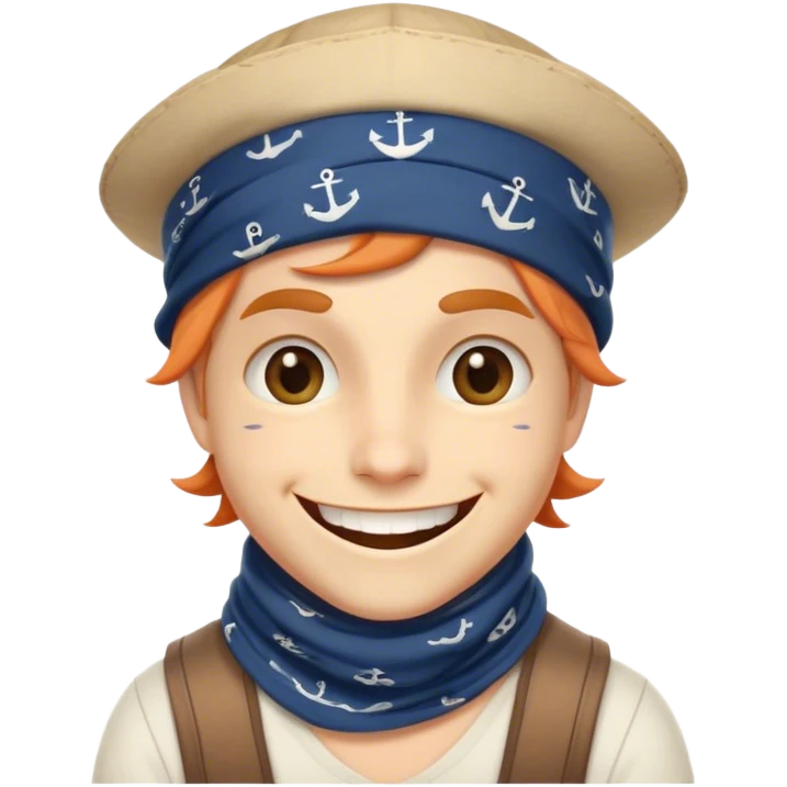 Clash of Clans aesthetic Playful Pirate Portrait Emoji, Head tilted with a roguish, cheeky grin and twinkling eyes, featuring a compact, spirited build with a jaunty hat and a quirky bandana, his natural skin tone evident, Simplified yet irresistibly charming features, highly detailed, glowing with a warm, inviting oceanic glow, high shine, spirited and lively, stylized with an air of whimsical maritime mischief, soft glowing outline, capturing the essence of a playful pirate exuding friendly rogue charm! emoji