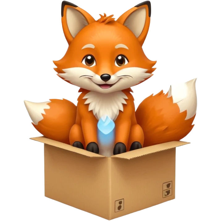 cheerful fox sitting in a box, looking up playfully, emoji style emoji