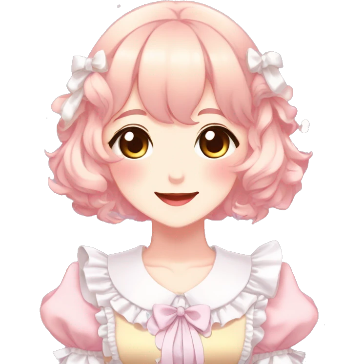 Gorgeous anime style lady blushing face maid outfit Lolita idol model colorful shiny sparkle kawaii pastelcore cottagecore pearly petite simplistic aesthetic trending style emoji