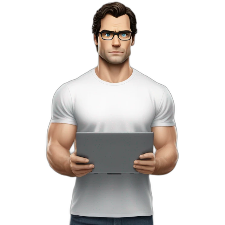 front view of henry cavill clark kent wearing white t-shirt using a laptop emoji
