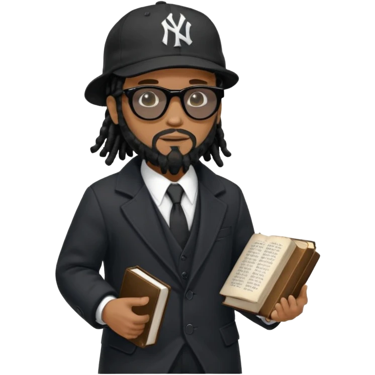 African American man with shoulder length black dreadlocks with black beard wearing black sunglasses wearing a black bubble winter coat wearing a black New York Yankees logo baseball cap wearing a suit and tie walking with a Bible emoji
