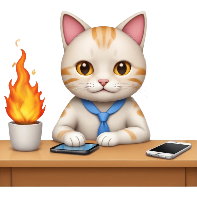 Apple-style emoji illustration of a cute cat character calmly sitting at an office desk, holding a smartphone and looking relaxed, while the office behind is subtly on fire. emoji