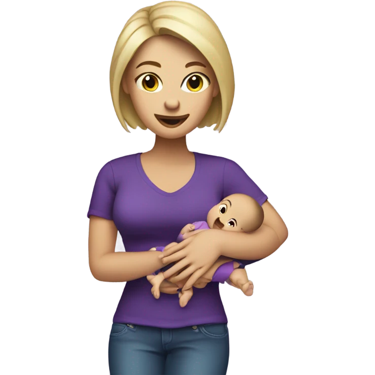 White Women in purple shirt rocking baby, but money stack instead of baby emoji