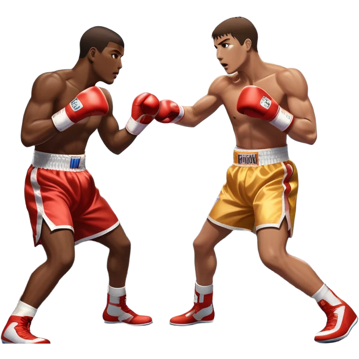 Two professional boxers in the ring, fighting for the world champion title. One delivers a long punch to the head, while the other skillfully dodges. The background features a crowded arena with bright lights and intense action. Transparent background emoji