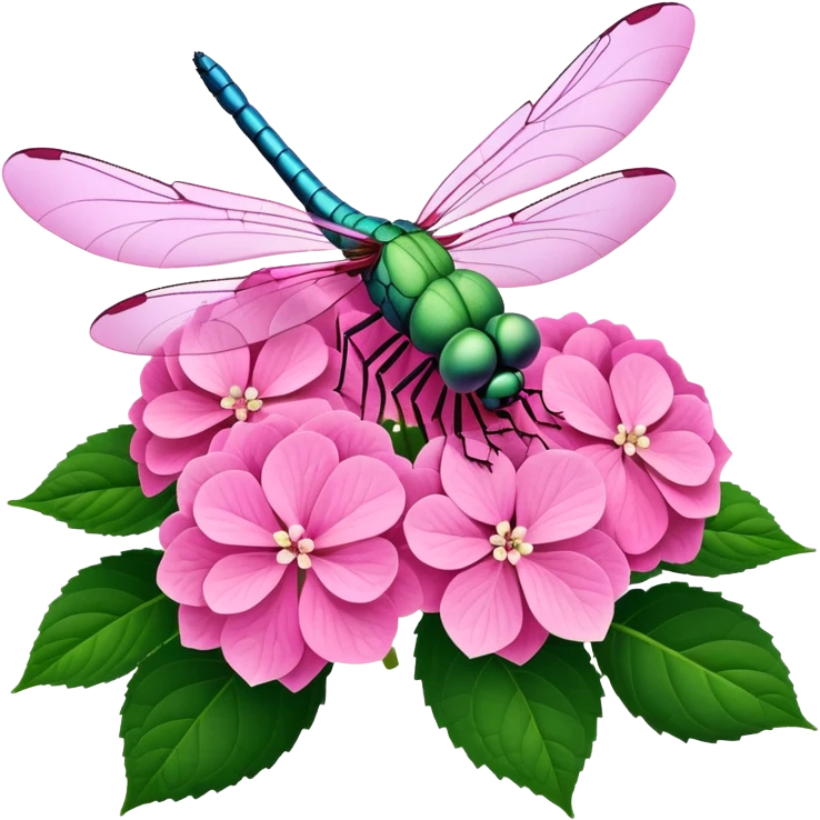 3D Realistic Still life bright pink detailed Hydrangea macrophylla, green leaves, detailed wings, dragonfly resting  emoji