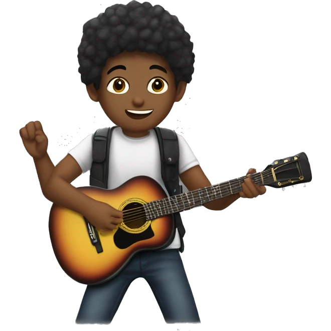 un joven músico en estudio casero. Está usando una camiseta negra sin mangas y mientras toca una guitarra eléctrica. Su expresión sugiere que está inmerso en la música, con los ojos cerrados y una expresión apasionada mientras toca. emoji