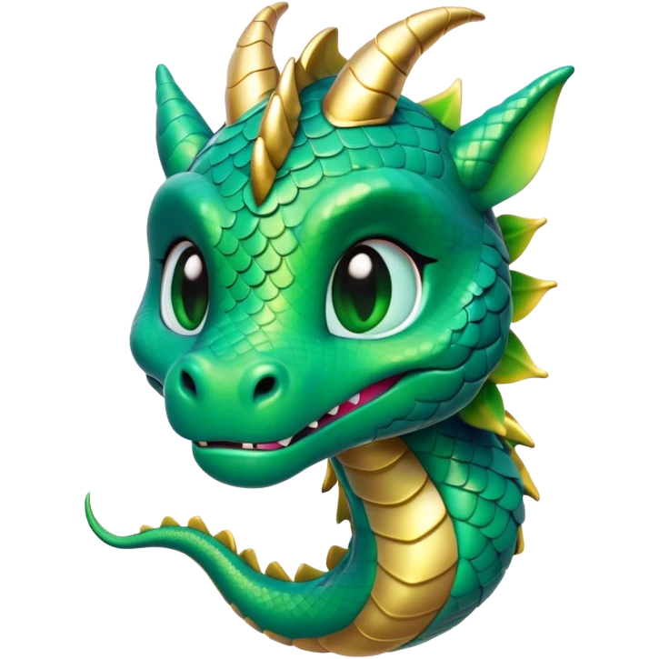 Cinematic Cute Dragon Portrait Emoji, Head tilted playfully and inquisitively, featuring a sleek, serpentine form adorned with iridescent scales that shift between emerald and gold, a delicate set of subtle horns, and round, sparkling eyes full of curious magic; rendered with realistic detail and warm natural light, high shine, affectionate and enchanting, styled with a touch of whimsical fantasy, soft glowing outline, capturing the essence of a mischievous yet lovable dragon that seems poised to slither playfully into your arms! emoji