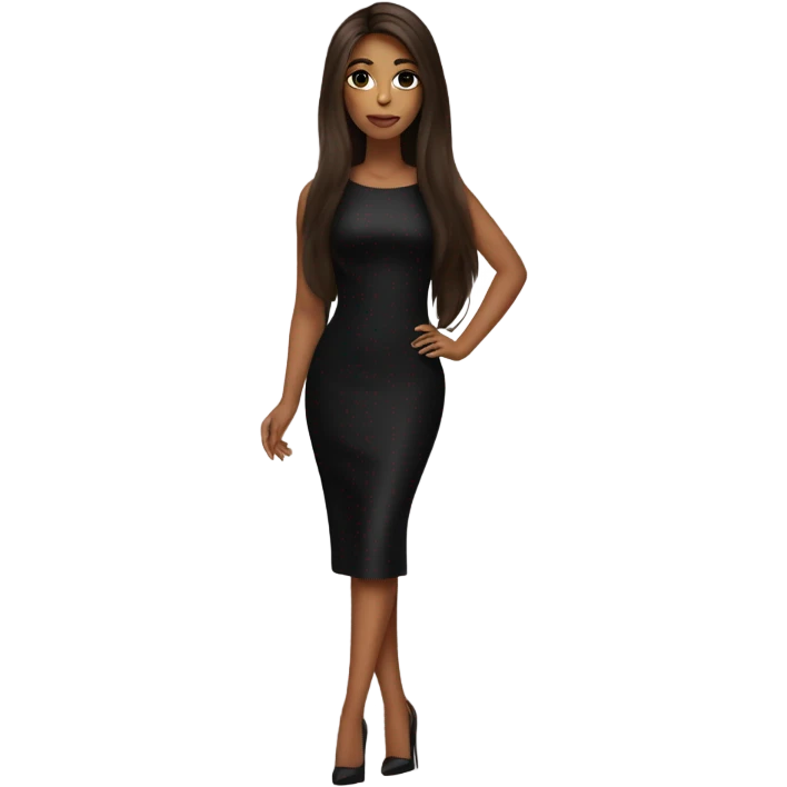 Girl wearing long black bodycon dress with lashes and makeup on and long straight brown silky hair and wearing black heels  emoji