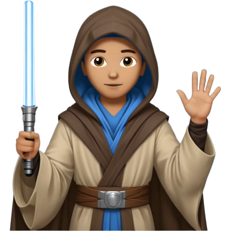 Jedi mind trick where a jedi is waving his hand hooded holding a lightsaber in the other hand emoji
