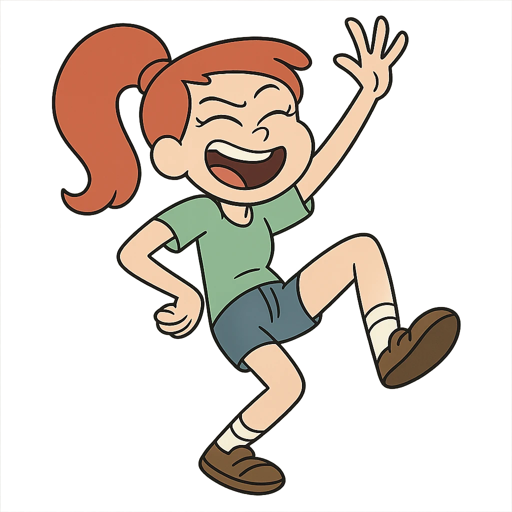 red-haired girl in a playful pose, cartoonish and exaggerated emoji