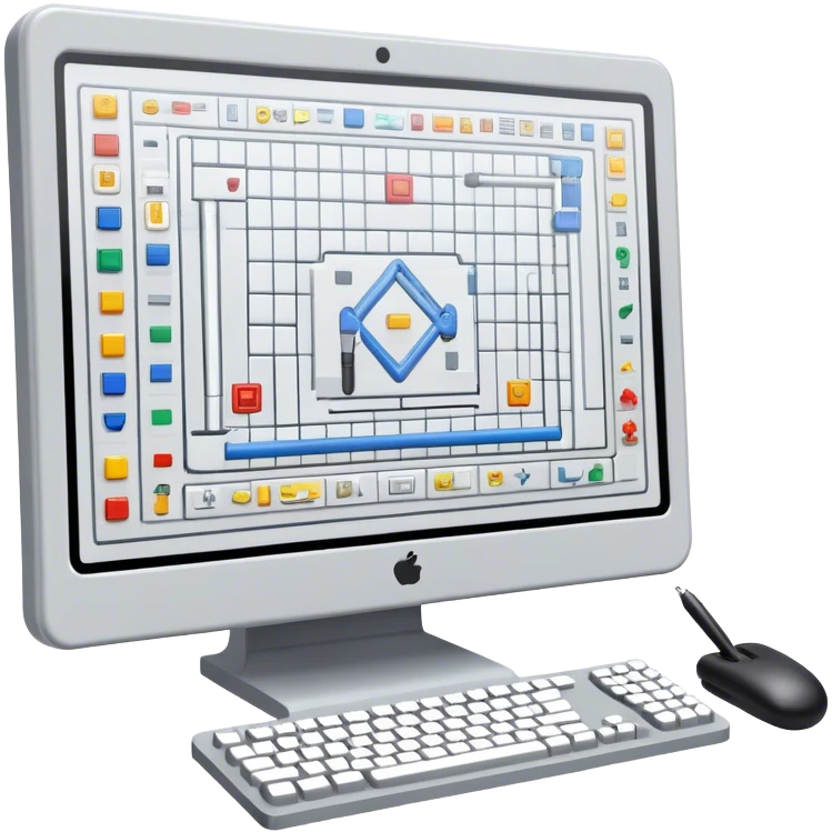 Emoji for Game Design: computer screen with Professional game interface, 3D models, pixel art, and design tools like grid, wireframe, and stylus. Symbolizes the technical and creative process of game development. Transparent background. emoji