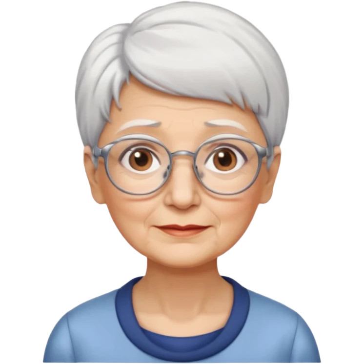 Create me emoji of an old lady. Short white hair to left side. Square glasses. Brown eyes. Rounded really big and long face. Wide nose emoji
