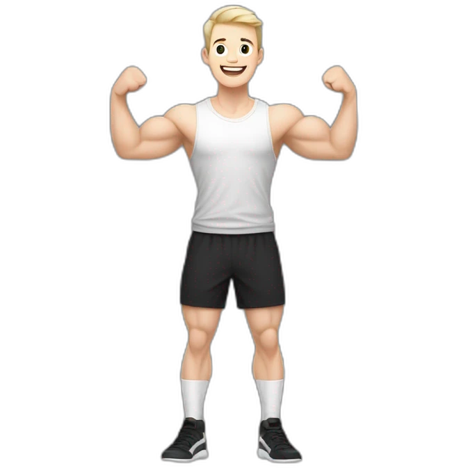 Joyful Celebrating victory Pale skinned Fit Man With the biceps and dark brown hair in black shirt, gray sports shorts and white Sneakers emoji