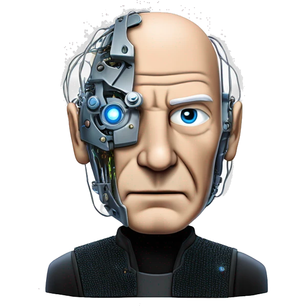 Jean luc picard from Star Trek assimilated by the Borg, with mechanical metal covering only the left side of his face, with wires and a red light on the left side. Both his eyes are unobstructed and are human blue eyes. emoji