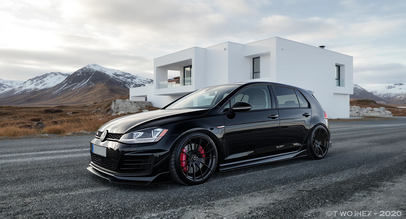 black Golf A4 with bodykit, in background is modern huge two flors white villa, in distance are iceland mountains, rule of thirds, shot on gopro hero, noise camera emoji