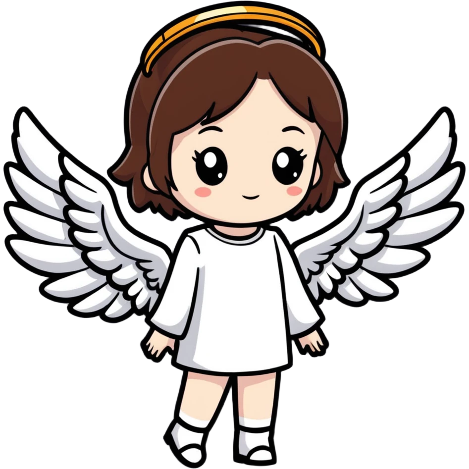 gothic girl with fair skin and short brown hair, angel wings and a halo, cute cartoon sticker style emoji