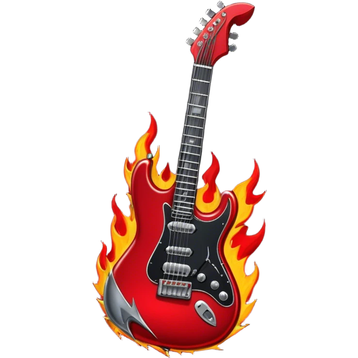 Create a bold and powerful emoji representing rock vocal performance in a humanless collage. The design should feature a vintage microphone at the center, surrounded by a heavy, aggressive hardcore electric guitar with sharp, jagged edges. Include crossed drumsticks behind the guitar, symbolizing the intense rhythm of rock music. Add fiery elements like flames or lightning bolts to enhance the raw energy of the design. Use dark, bold colors like black, red, and silver, with metallic or chrome accents to reflect the rebellious, hard-hitting nature of rock. The background should be transparent. emoji